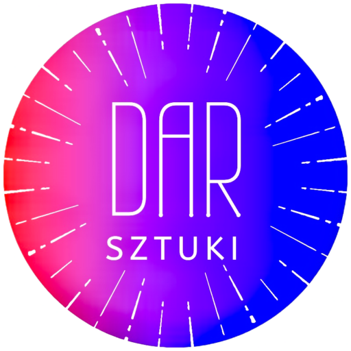 Logo Fundacji DAR Sztuki, tekst na tle zorzy składającej się z 3 kolorów od różu przez fiolet do kobaltu